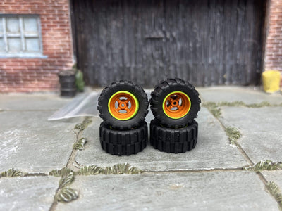 Custom Hot Wheels Wheels and Matchbox Rubber Tires - Orange and Green 4 Spoke Racing Wheels Rubber Off Road 4X4 Tires