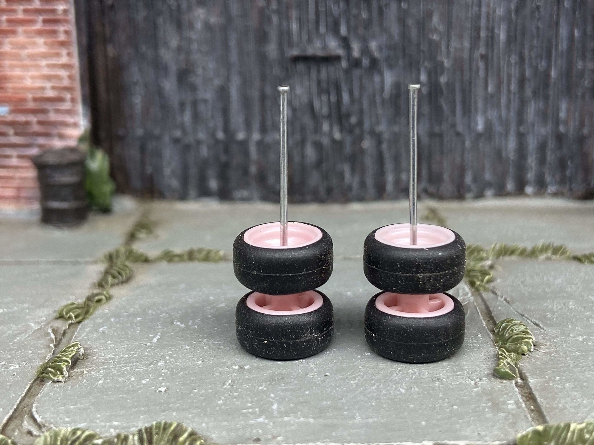 Custom Hot Wheels Wheels and Matchbox Rubber Tires - Pink 4 Spoke Wheels With Black Tires 10mm & 10mm