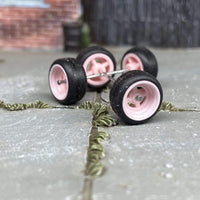 Custom Hot Wheels Wheels and Matchbox Rubber Tires - Pink 4 Spoke Wheels With Black Tires 10mm & 10mm