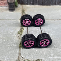 Custom Hot Wheels Wheels and Matchbox Rubber Tires - Pink Anodized Classic 5 Star Hot Rod Wheels Rubber Tires 10mm & 10mm