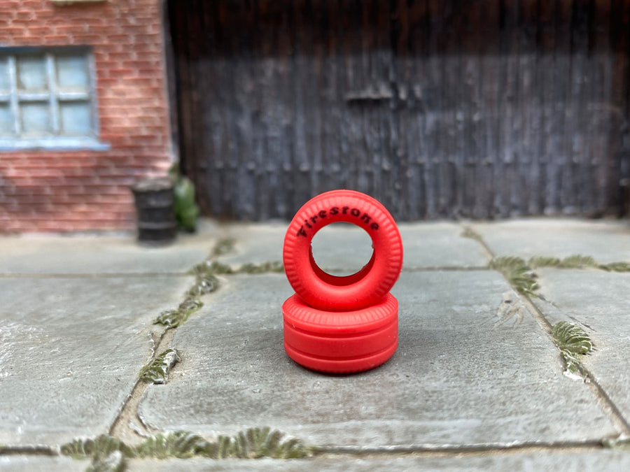 Custom Hot Wheels Wheels and Matchbox Rubber Tires - Race Tires Firestone Rubber Tire Cheater Drag Slicks 13mm - RED