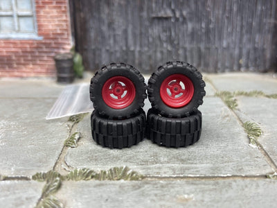 Custom Hot Wheels Wheels and Matchbox Rubber Tires - Red 4 Spoke Racing Wheels Rubber Off Road 4X4 Tires