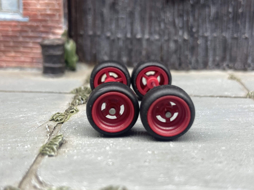 Custom Hot Wheels Wheels and Matchbox Rubber Tires - Red 4 Spoke Wheels Rubber Tires 10mm & 10mm