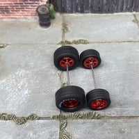 Custom Hot Wheels Wheels and Matchbox Rubber Tires - Red 5 Spoke Race Wheels With Goodyear Rubber Tire Cheater Drag Slicks 13mm