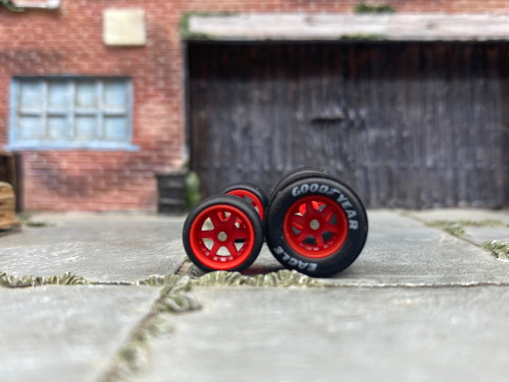 Custom Hot Wheels - Wheels and Matchbox Rubber Tires - Red 6 Spoke Wheels "Goodyear Eagle" Drag Slicks