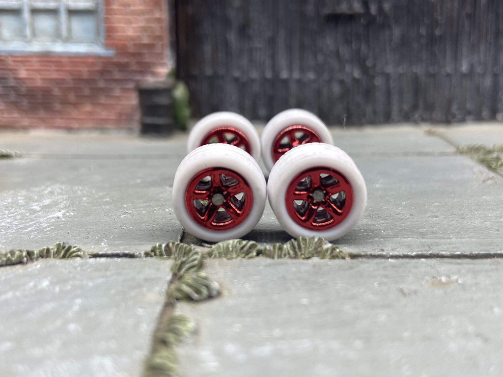 Custom Hot Wheels Wheels and Matchbox Rubber Tires - Red Anodized Classic 5 Star Hot Rod Wheels White Rubber Tires 10mm & 10mm