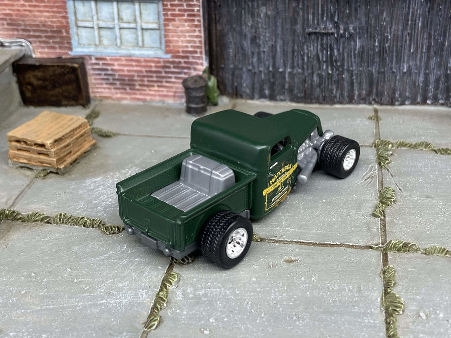 Custom Matchbox - 1935 Ford Pick Up Truck Hot Rod - Satin Green - Chrome Mag Wheels - Rubber Tires