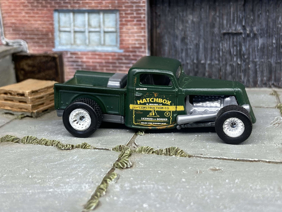 Custom Matchbox - 1935 Ford Pick Up Truck Hot Rod - Satin Green - Chrome Mag Wheels - Rubber Tires