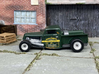 Custom Matchbox 1935 Ford pickup hot rod in satin green, opposite side profile with door graphics and chrome mag wheels