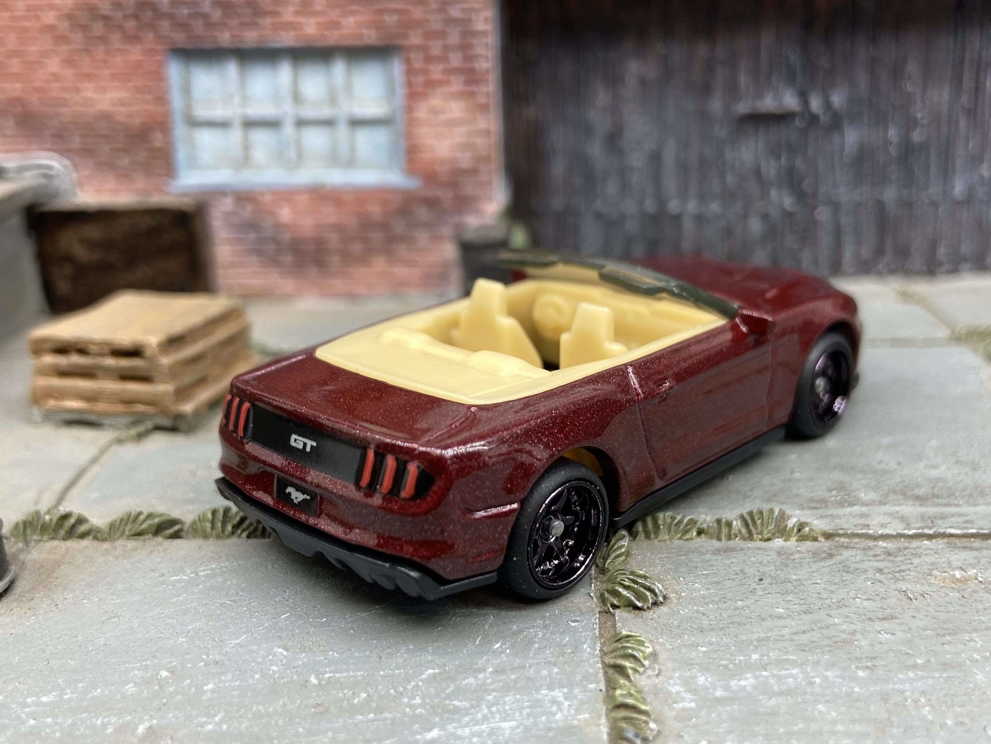 Custom Matchbox - 2018 Ford Mustang Convertible - Black 6 Spoke Studded Race Wheels - Rubber Tires