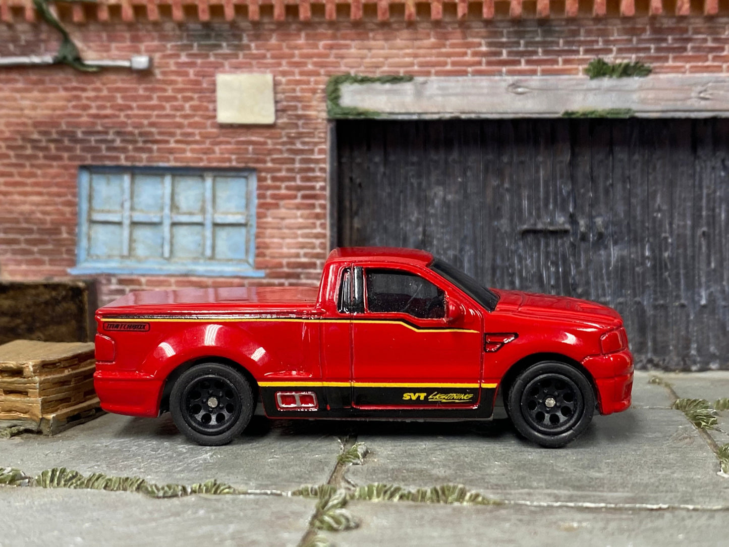 Custom Matchbox - Ford F150 Lightning - Red, Black and Yellow SVT - Black 8 Hole Wheels - Rubber Tires