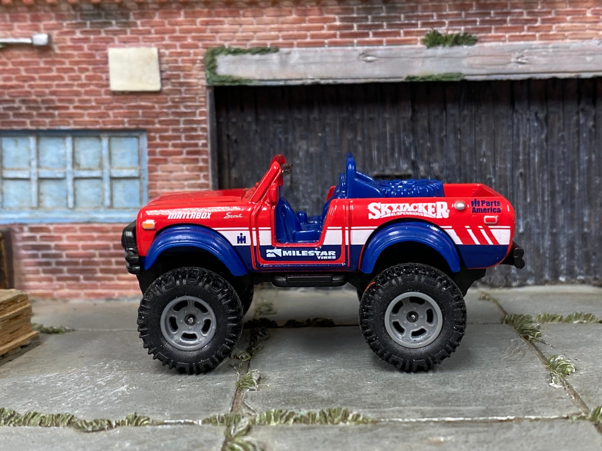 Custom Matchbox - International Scout 4X4 - Red, Blue and White - Gray Mag Wheels - Off Road Rubber Tires