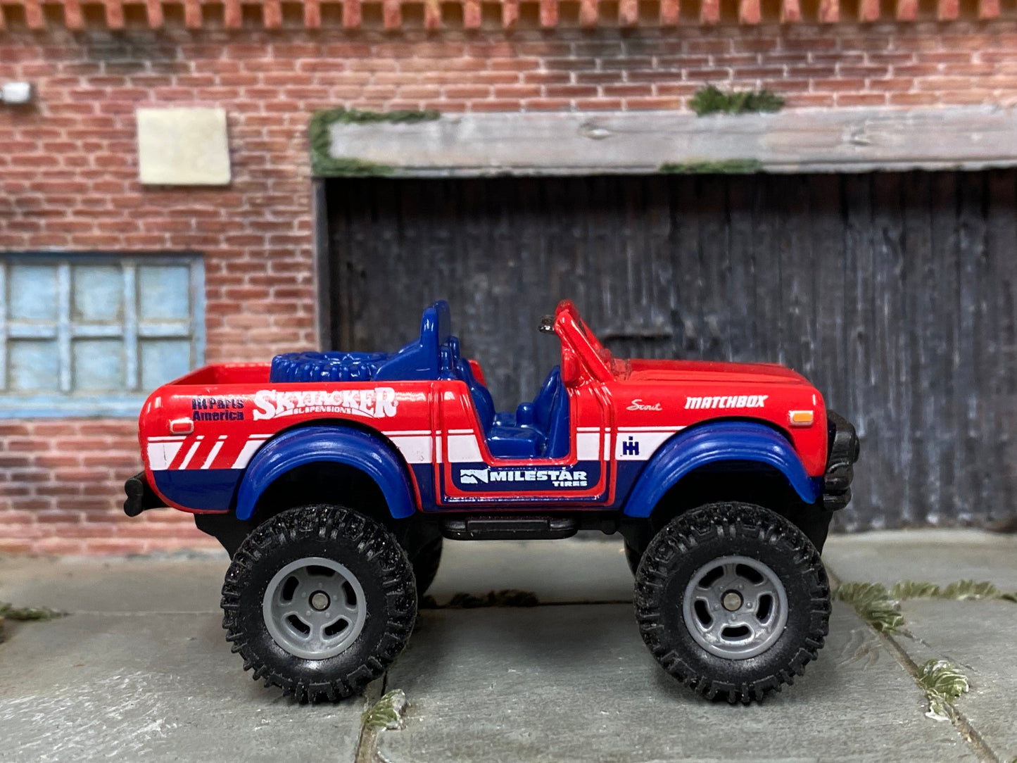 Custom Matchbox - International Scout 4X4 - Red, Blue and White - Gray Mag Wheels - Off Road Rubber Tires