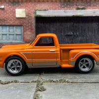Custom Painted Hot Wheels 1969 Chevy Pick Up Truck in Custom Satin Orange and Silver With Chrome American Racing Wheels With Rubber Tires