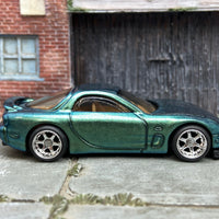 Custom Painted Hot Wheels 1995 Mazda RX7 In Emerald Turquoise Chameleon With Chrome 6 Spoke Wheels With Rubber Tires