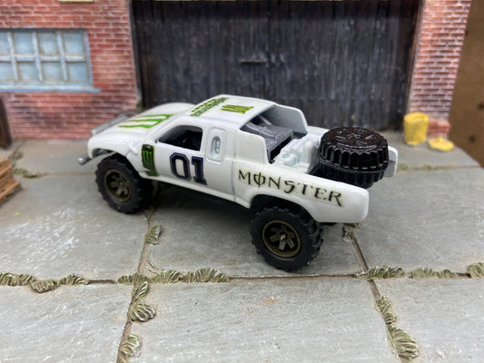 Custom Painted Hot Wheels - Toyota Tacoma Off Road - Custom White Monster Energy Racing - Green 5 Star Racing Wheels - Off Road Rubber Tires