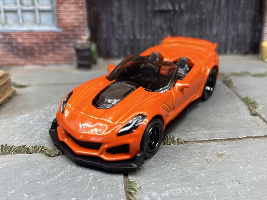 Custom Hot Wheels 2019 Chevy Corvette ZR1 Convertible In Orange With Black 5 Spoke Race Wheels With Rubber Tires