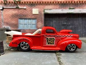 Loose Hot Wheels 1940 Ford Drag Truck Dressed in Red Pizza On Wheels Livery