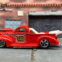 Loose Hot Wheels 1940 Ford Drag Truck Dressed in Red Pizza On Wheels Livery