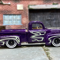 Loose Hot Wheels 1949 Ford F100 Pick Up Truck Dressed In Purple and White