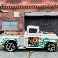 Loose Hot Wheels 1956 Chevy Pick Up Truck Dressed in White, Green and Orange Lathien