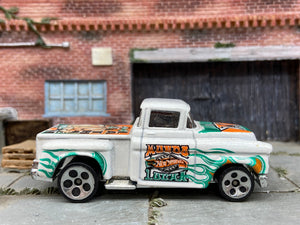 Loose Hot Wheels 1956 Chevy Pick Up Truck Dressed in White, Green and Orange Lathien
