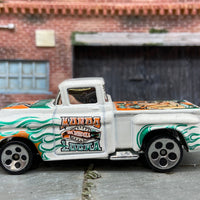 Loose Hot Wheels 1956 Chevy Pick Up Truck Dressed in White, Green and Orange Lathien