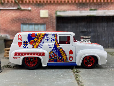 Loose Hot Wheels 1956 Ford F100 Panel Truck Dressed in White and Red Queen of Hearts Livery