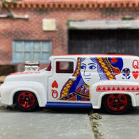 Loose Hot Wheels 1956 Ford F100 Panel Truck Dressed in White and Red Queen of Hearts Livery