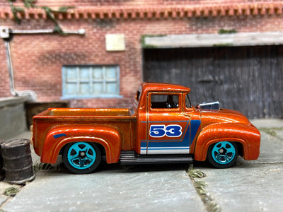 Loose Hot Wheels 1956 Ford F100 Pick Up Truck  Dressed in 53rd Anniversary Orange and Blue