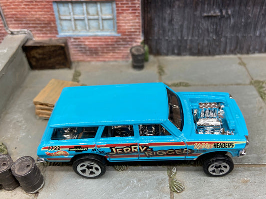 Loose Hot Wheels 1964 Chevy Nova Station Wagon Gasser Dressed in Jerry Rigged Light Blue Livery