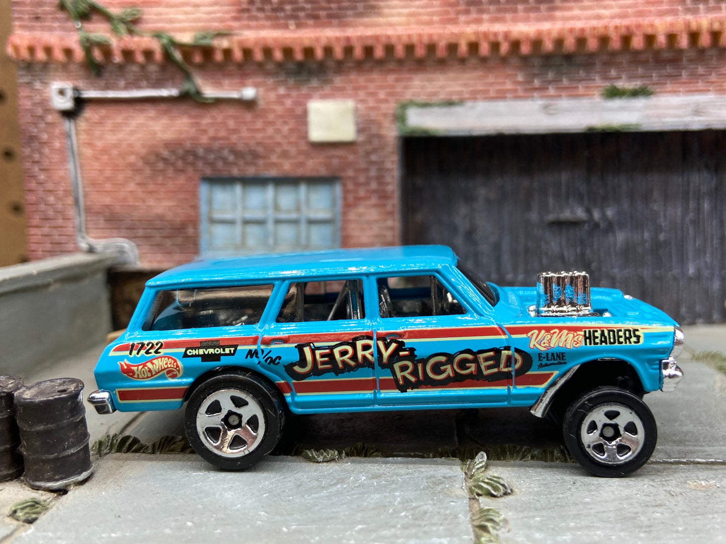 Loose Hot Wheels 1964 Chevy Nova Station Wagon Gasser Dressed in Jerry Rigged Light Blue Livery