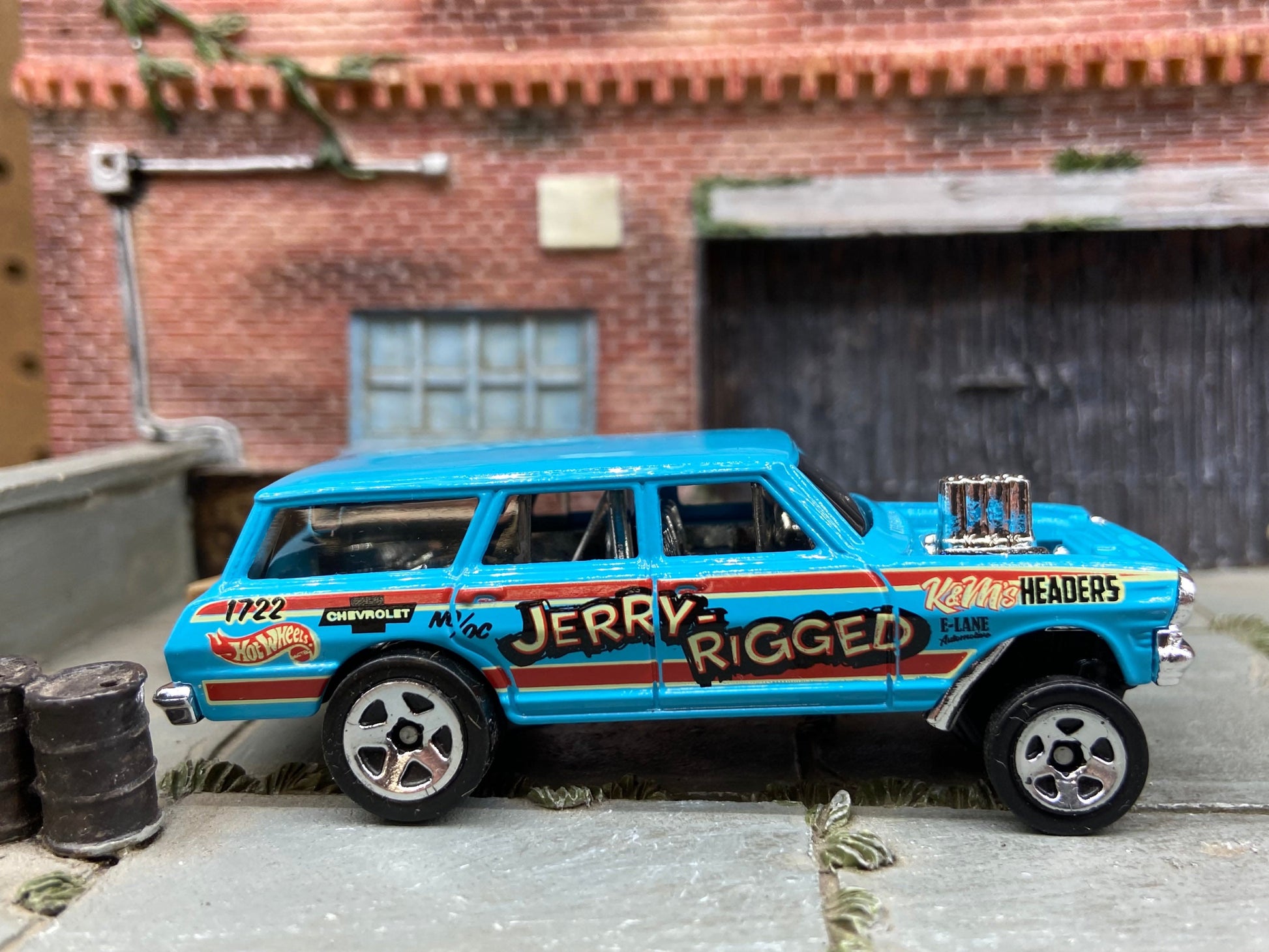 Loose Hot Wheels 1964 Chevy Nova Station Wagon Gasser Dressed in Jerry Rigged Light Blue Livery