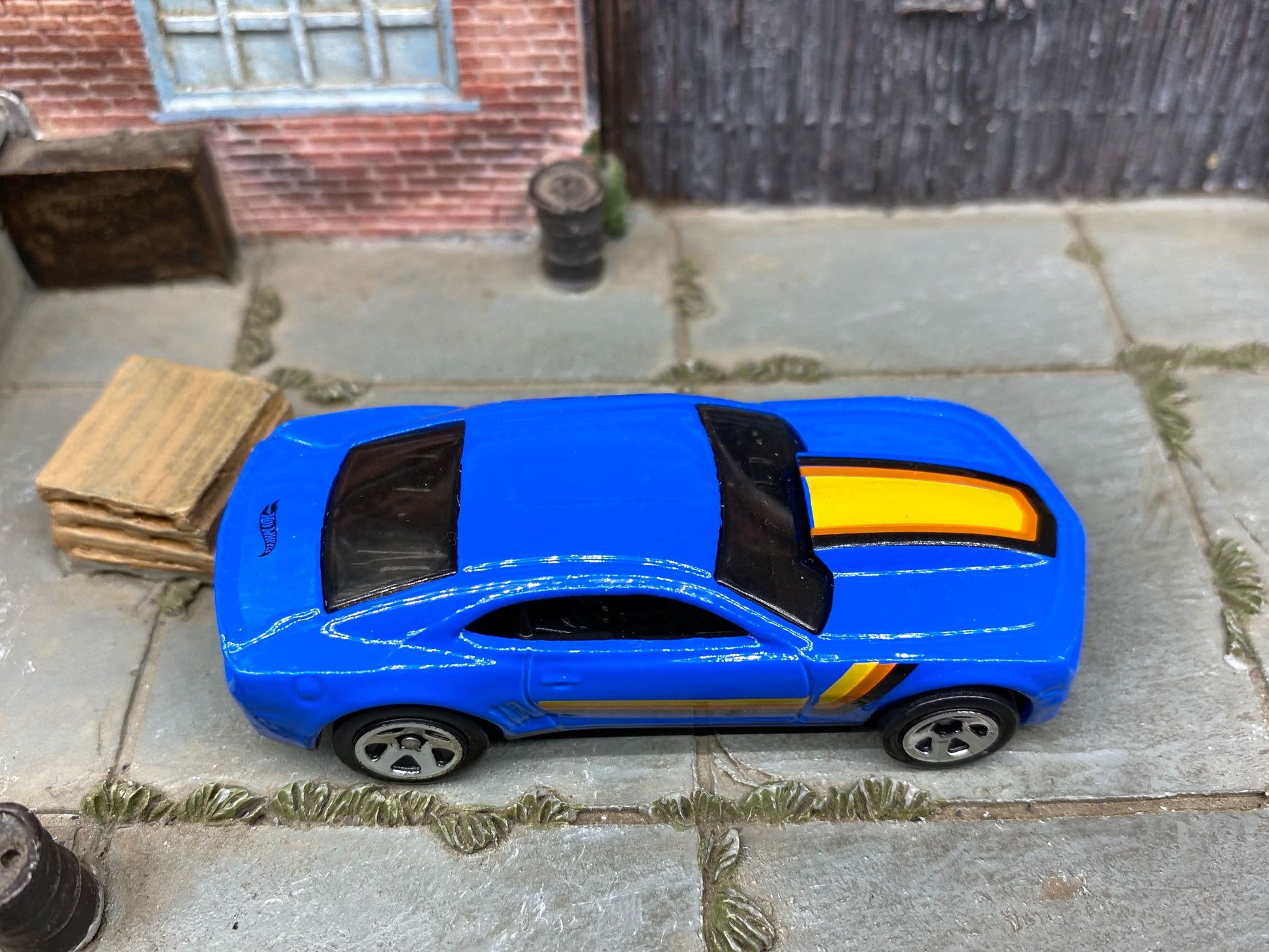 Loose Hot Wheels 2013 Chevy Camaro COPO Drag Car Dressed in Blue, Black, Yellow and Orange