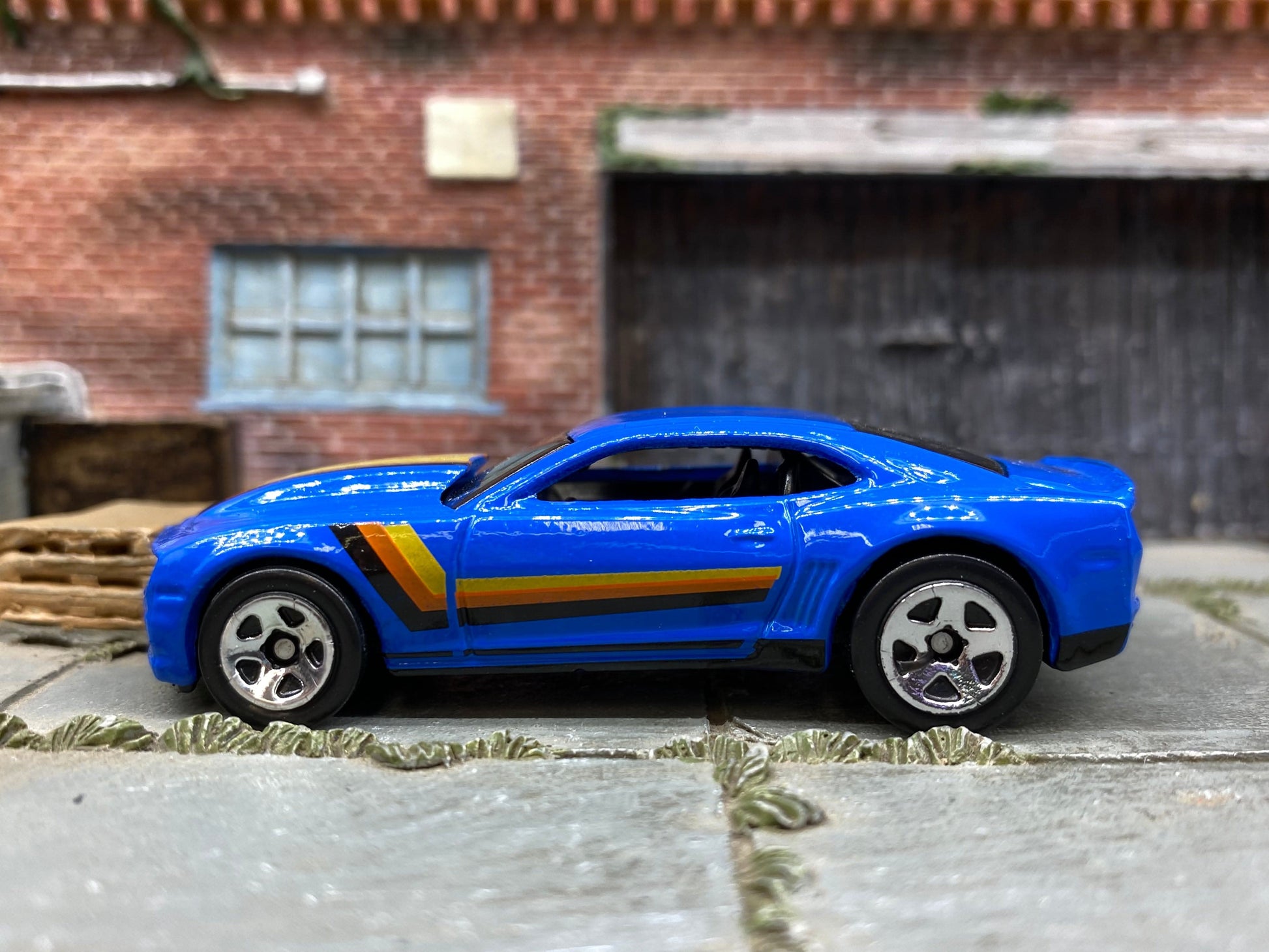 Loose Hot Wheels 2013 Chevy Camaro COPO Drag Car Dressed in Blue, Black, Yellow and Orange
