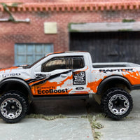 Loose Hot Wheels 2017 Ford F150 Raptor 4X4 Truck Dressed In White and Orange Eco Boost Livery