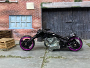 Loose Hot Wheels - Blast Lane Chopper Motorcycle - Black, Purple and Silver with Flames and a Skull