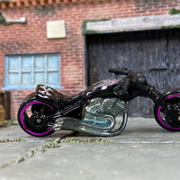 Loose Hot Wheels - Blast Lane Chopper Motorcycle - Black, Purple and Silver with Flames and a Skull