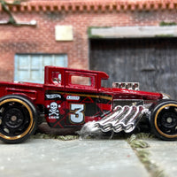Loose Hot Wheels: Bone Shaker Hot Rod Truck Dressed in Dark Red Skull and Cross Bones #3 Livery