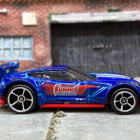 Loose Hot Wheels Chevy Corvette C7-R Race Car Dressed in Blue and Red Summit Racing