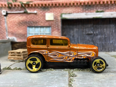 Loose Hot Wheels Ford Model A Sedan Midnight Otto Dressed in Orange with Flames