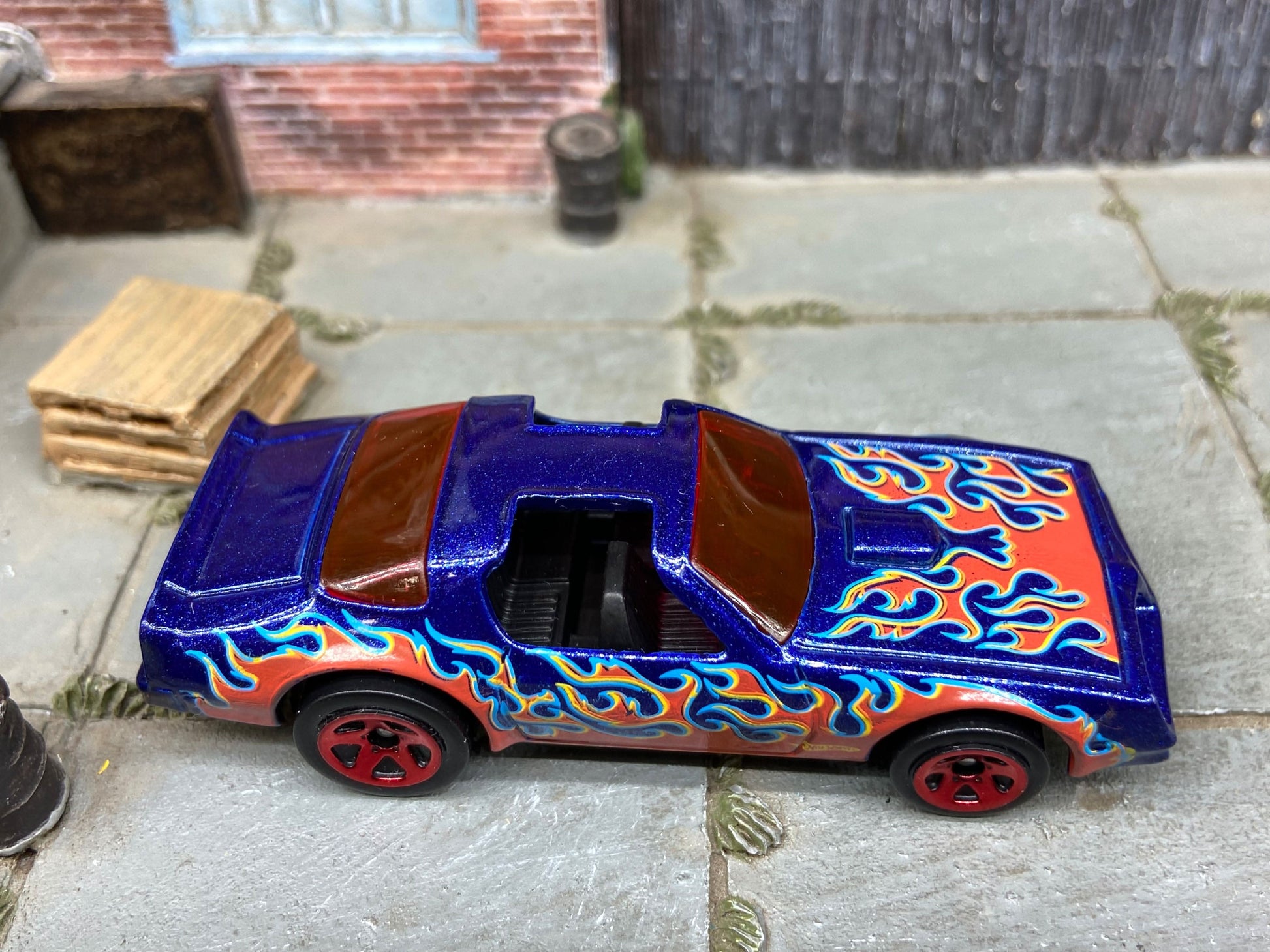 Loose Hot Wheels Pontiac Firebird in Blue and Red with Flames T-Tops