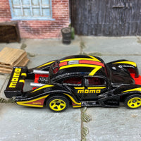Loose Hot Wheels: VW Volkswagen Kafer Racer Race Car Dressed in Momo Black, Red and Yellow Livery