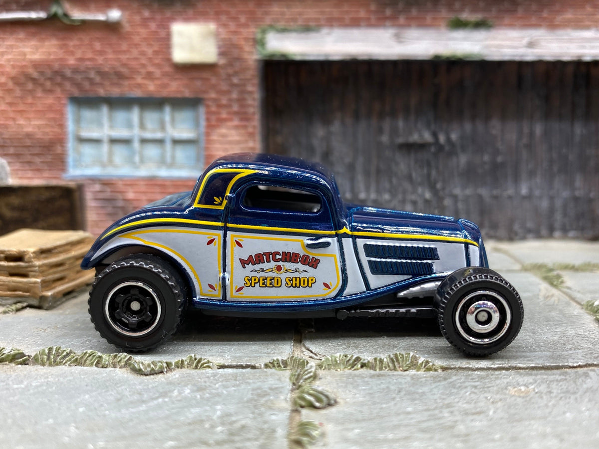 Matchbox 1933 Ford Coupe in Blue, White and Yellow Matchbox Speed Shop, loose diecast car