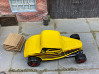 Matchbox 1933 Ford Coupe Yellow, Black and Red Mooneyes Livery loose diecast - side profile detail shot