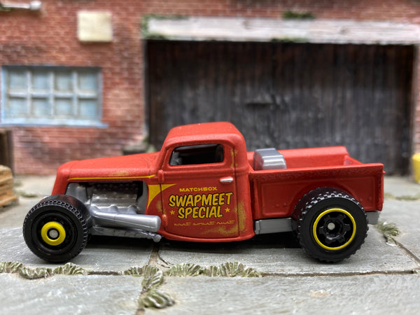 Matchbox 1935 Ford Pick Up Truck in Satin Red Matchbox Swapmeet Special Livery, loose diecast car