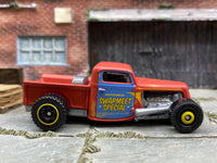 Matchbox 1935 Ford Pick Up Truck Satin Red Matchbox Swapmeet Special Livery - rear angle view showing tampo details