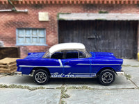 Matchbox 1955 Chevy Bel Air Blue and White - rear angle view showing tampo details