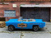 Matchbox 1955 Chevy Bel Air Convertible Light Blue Matchbox - rear angle view showing tampo details