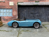 Matchbox 1963 Austin Healey 3000 Blue - rear angle view showing tampo details